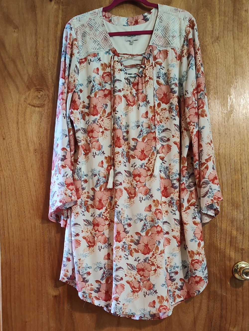 Haute Hippie Tribe Dress Floral Rust Blue Cream Tassels Boho Kimono Sleeves XL - Picture 2 of 16